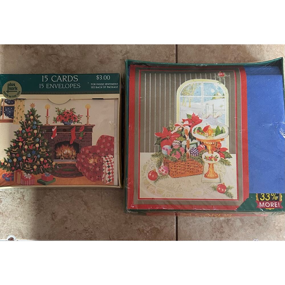 1992 Vinatage Christmas Cards Poinsettias Basket Chimney Xmas Tree Picture NEW